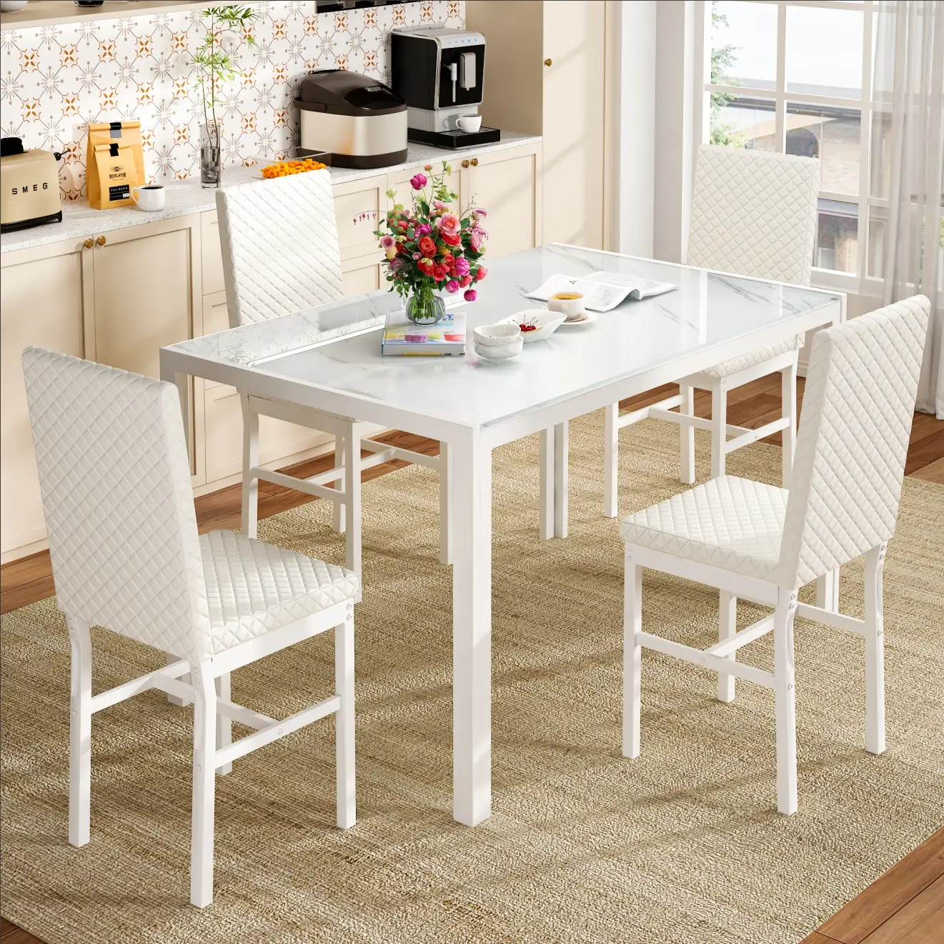 AWQM Dining Room Table Set for 4-5-Piece Kitchen Table & Chairs with Glass Top, Velvet Seat Chairs, White Heel Design, Ideal for Small Spaces