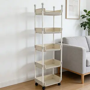 1PC 5-layer multifunctional plastic storage cart with wheels, layered shelving storage rack, adjustable storage shelf suitable for bedroom, kitchen, bathroom, living room, Adjustable standing shelf