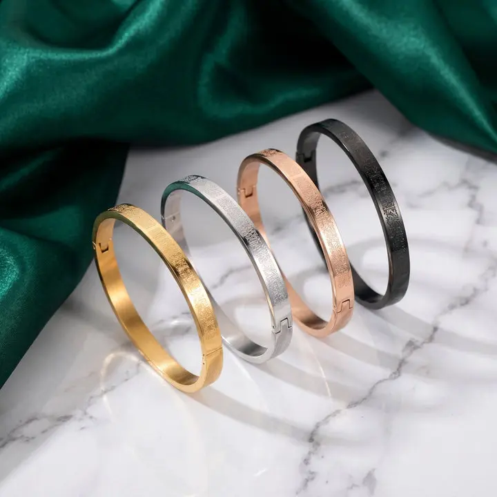 CIGAOAyat Al Kursi Engraved Hinged Bangle Stainless Steel 18K Gold Rose Gold Silver Black Quran Verse Bracelet Adjustable Islamic Muslim Religious Jewelry Ramadan Eid Gift For Women