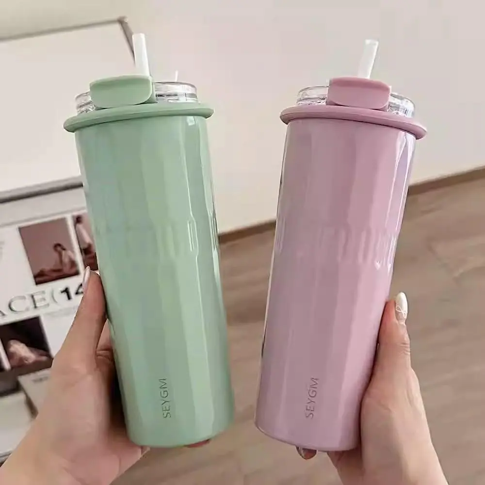 500ml Cute Tumbler Cups With Straw Stainless Steel Thermal Water Bottle Korean Thermos For Hot Ice Coffee Tea Juice Water Cup