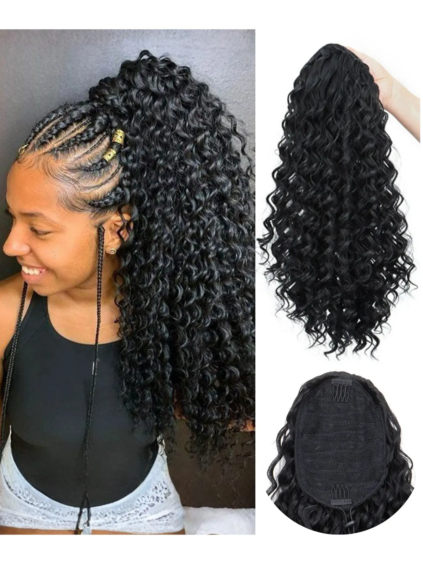 Women's Ponytail Extension Fluffy Drawstring Small Curls High Ponytail Short Water Wave Style Synthetic Curly Hair 18 Inch Drawstring Ponytail Extensions Synthetic Curly Wavy