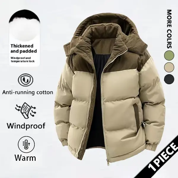 Men's Padded Long Sleeve Corduroy Splicing Jacket - Menswear Tops, Autumn Winter Casual Fashion, Detachable Hat, Thick Warm Polyester, Windproof Outdoor Sports Coat