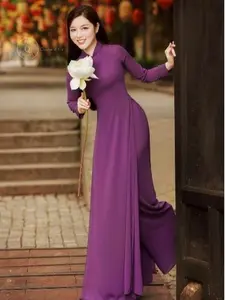 Ao dai tron 3 tím (purple ) - Vietnamese Traditional Ao Dai for Women solid color with same color pants -ready to ship
