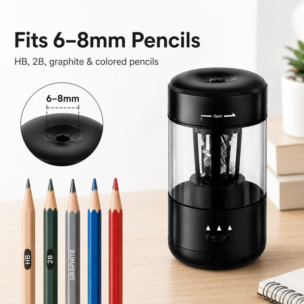 Electric Pencil Sharpener, Fully Automatic Rechargeable Pencil Sharpener with No-Touch Auto In & Out, Type-C Rechargeable for 6-8mm Pencils & Colored Pencils, Desk Supplies for Teachers, Elementary Students, Home & Classroom, Perfect Holiday Gift
