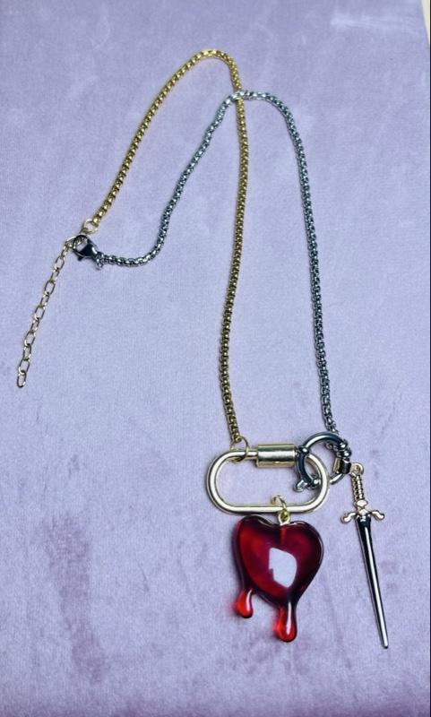 Lover's Quarrel Custom Necklace Dual Tone Gold & Silver 16inch with 2inch Extender Dripping Heart & Dagger Charm on Carabiner Holder