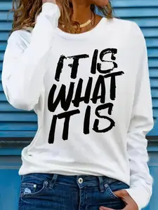 Women's Letter Print Drop Shoulder T-shirt, Casual Long Sleeve Round Neck Top for Daily Wear, Casual Comfy Top, Ladies Clothes for All Seasons