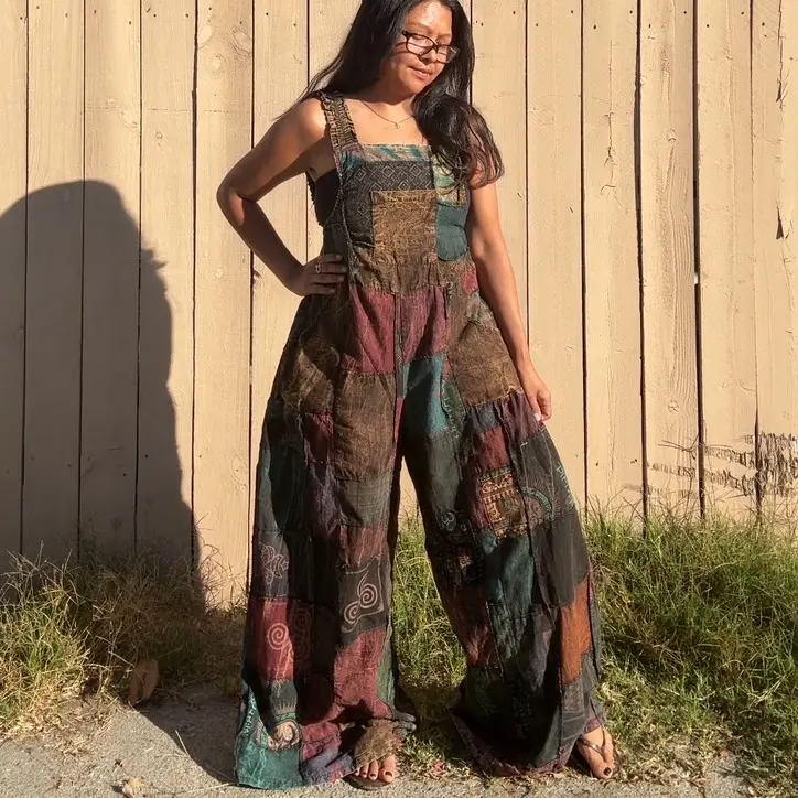 Cotton Patchworks Wideleg Thai Overall - Comfortable Breathable Casual Wear with Unique Patchwork Design & Wideleg Style