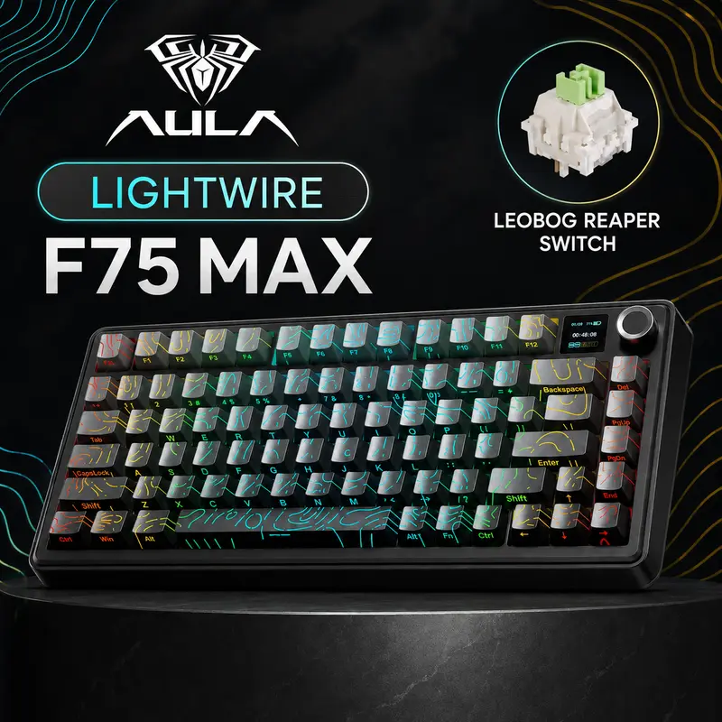 Aula F75 MAX Creamy Wireless Mechanical Keyboard - 75% Layout Gasket Model with Foam, TFT Screen, Knob, Hot Swappable RGB Backlight, Multimedia Scroll Wheel, 4000mAh, 2-Stage Adjustable Feet, 2cm Low Front, Gaming Accessories for PC Work
