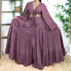 Vintage Vibe Women's Flowy Tiered Long Cotton Skirt & Flare Sleeve Top Retro Bohemian Outfit 90s Festival Boho Fashion Ethically Sourced Sustainable Clothing