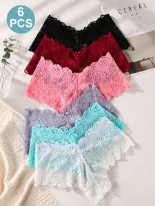Ladies' 6pcs Lacy Bow Decor Scallop Trim Lace Panty, Soft, Cheeky, & Breathable Knickers. Low-Rise Panties Perfect for All Seasons & Travel, with Durable Elastic Waistbands. 6 nature colors blend style and utility for journeys.