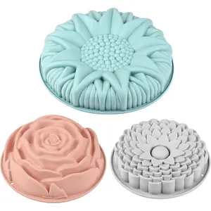 3 Pack Flower Shape Silicone Cake Molds, Large Round Silicone Molds for Baking Cake, Breads, Pies, Tarts, Jello (Rose, Chrysanthemum, Sunflower)