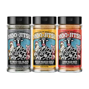 Moo-Jitsu 3-Pack: Ki-Moo-Ra Black, Rear Naked Gold, & Arm Bar Red - Bold Garlic Pepper & Umami, Sweet Lemon Herb & Pepper, Smoky BBQ Chili Heat