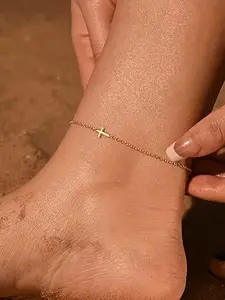 18k Gold Plated Bohemian Beaded Anklet, Women's Elegant Multi-Layer Round Bead Anklet, Pearl Cross Anklet, Waterproof Jewelry