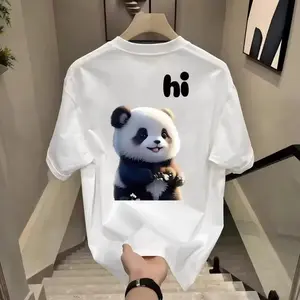 Cute panda printed round neck short-sleeved T-shirt, loose and large size, unisex for couples, samestyle for men and women, half-sleeve trendy Cotton Crewneck Clothes Casual Suits Sweatshirt White Womenswear