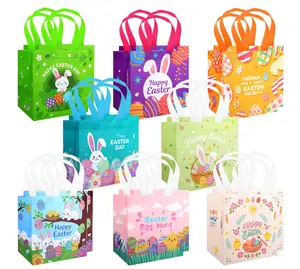 Easter Egg Hunt Bags 16 Pack with Handles - Bunny Chick Carrot Egg Basket Themed Reusable Non-Woven Easter