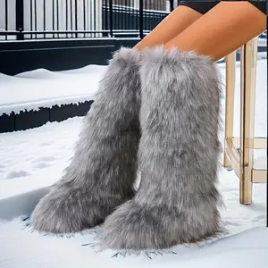 Women's Solid Color Snow Boots, Fashion Faux Fur Knee-High Boots, Women's Comfortable Boots