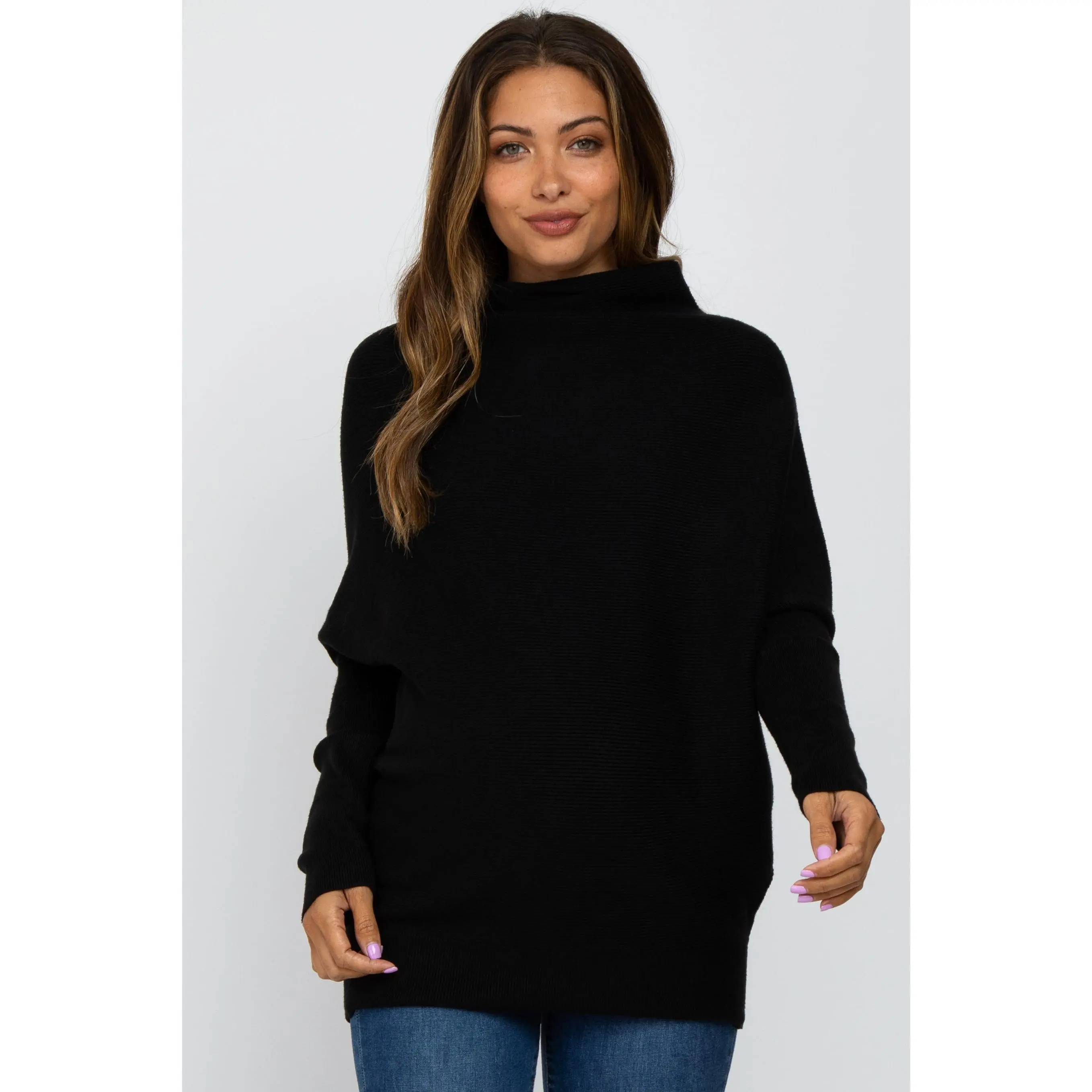 Women's Black Funnel Neck Dolman Sleeve Maternity Sweater - Wrap Front, Babydoll Silhouette, Knee Length Maternity Apparel