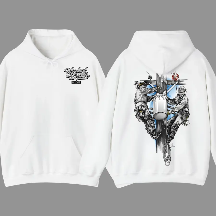 Worked To Death Lineman Hoodie, Utility Pole Climbing Print, Power Line Worker Graphic Pullovers, Blue Collar Electrical Workwear for Men