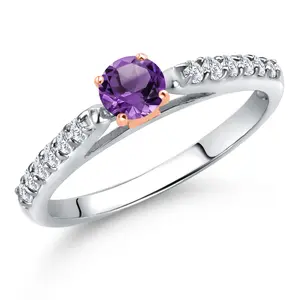 Gem Stone King 10K Two Tone Gold Gemstone Birthstone and White Lab Grown Diamond Accent Engagement Ring For Women | Round 4MM and 1.5MM Accent | Wedding Anniversary Promise Ring | Sizes 5, 6, 7, 8, 9