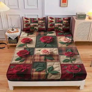 3-Piece Comfortable Rose Patchwork Pattern Bed Hat Set, High-Definition Digital Printing, Soft And Breathable, 100% Polyester Fiber, Perfect Gift For All Seasons, Suitable For Family And Friends. Clearance Sale
