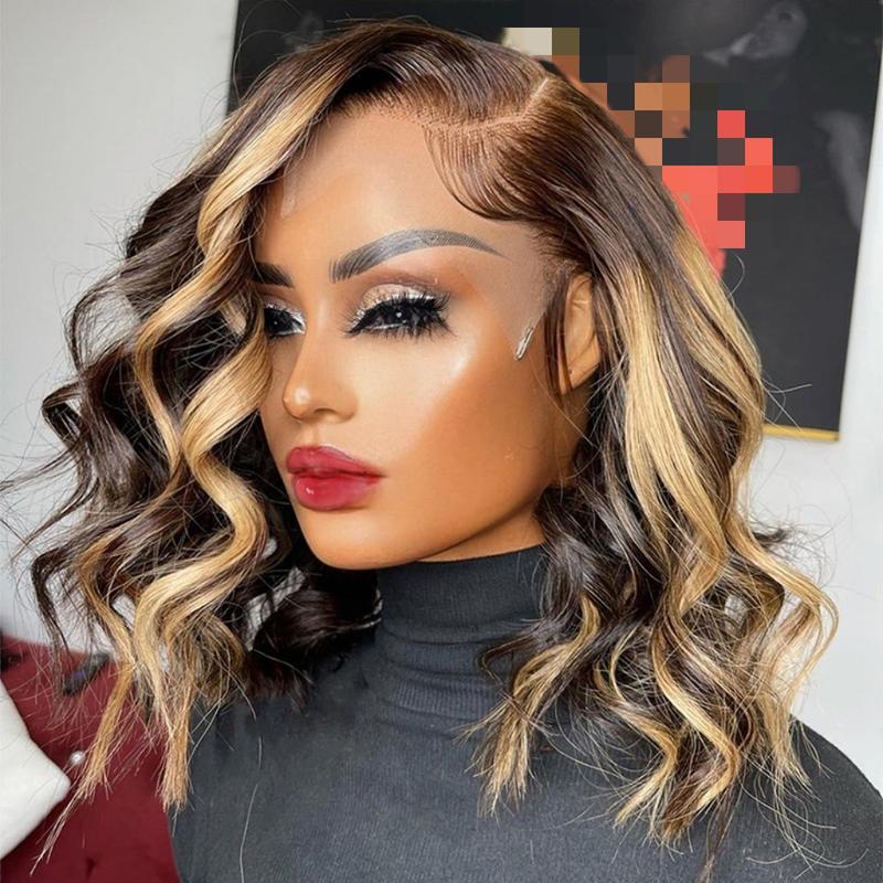 Highlight Bob Wig Human Hair 13x4 HD Lace Front Wigs Human Hair Pre Plucked Hairline Frontal Glueless Short Body Wave Bob Wigs for Black Women Human Hair Ombre Brown Honey Blonde P4/27 Loose Wave