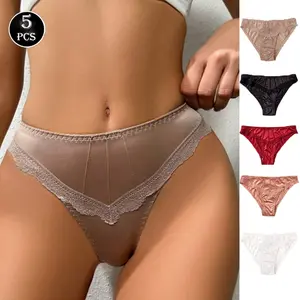 5 Pcs Women's Solid Color Lace Trim Briefs, Soft Comfy Breathable Panties for Daily Wear, Ladies Underwear for All Seasons