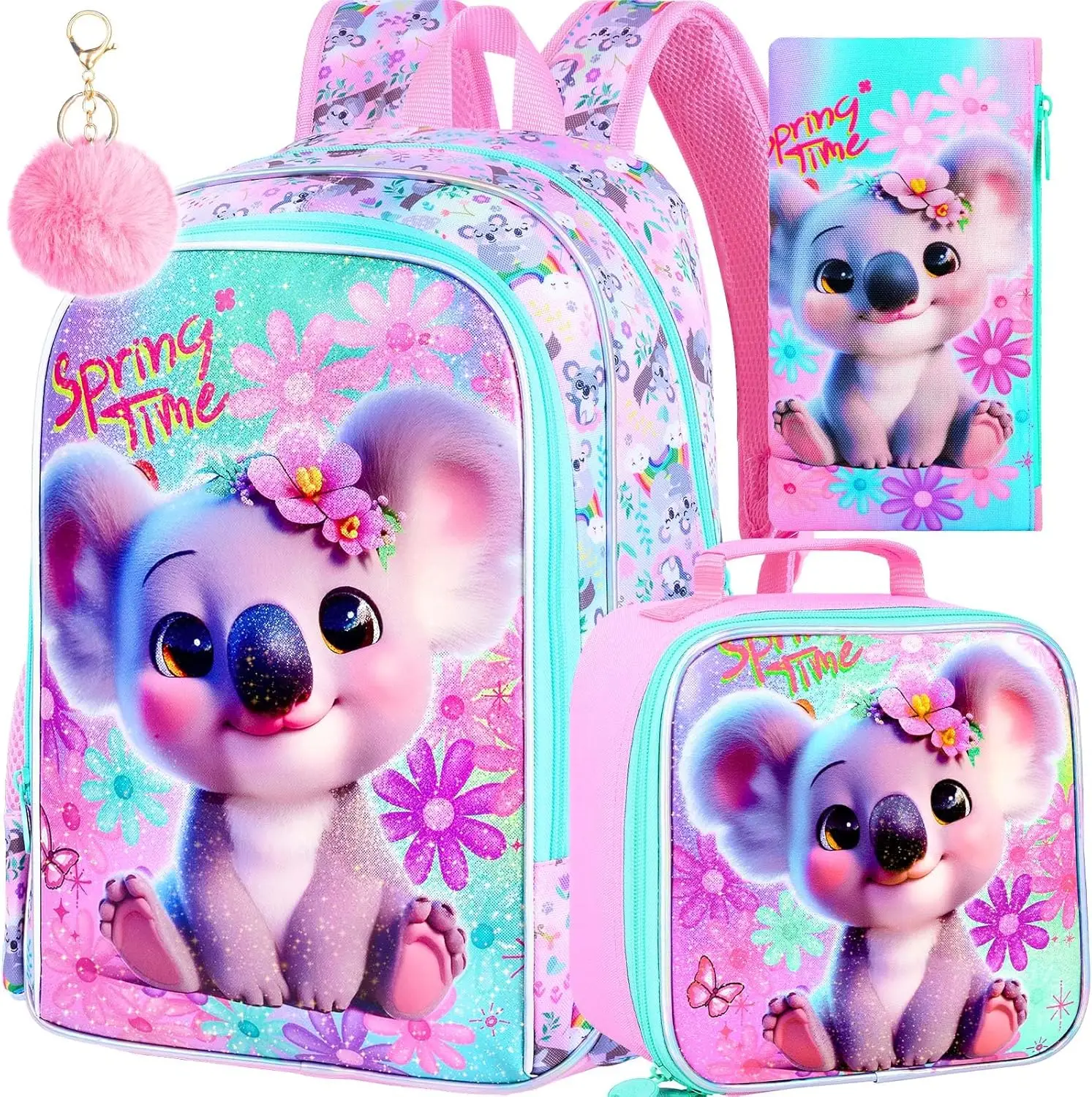 3PCS Girls Koala Backpack, Water Resistant Kids Bookbag with Lunch Box, 16" Preschool Backpacks for Elementary - Koala Pink