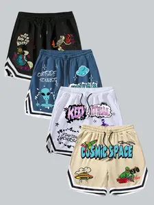 Men's 4-piece striped sports shorts, alien and UFO universe pattern screen printed clothing, drawstring waistband, ideal for street style, gym workouts, and summer outings, durable and bold prints for alien and retro style enthusiasts