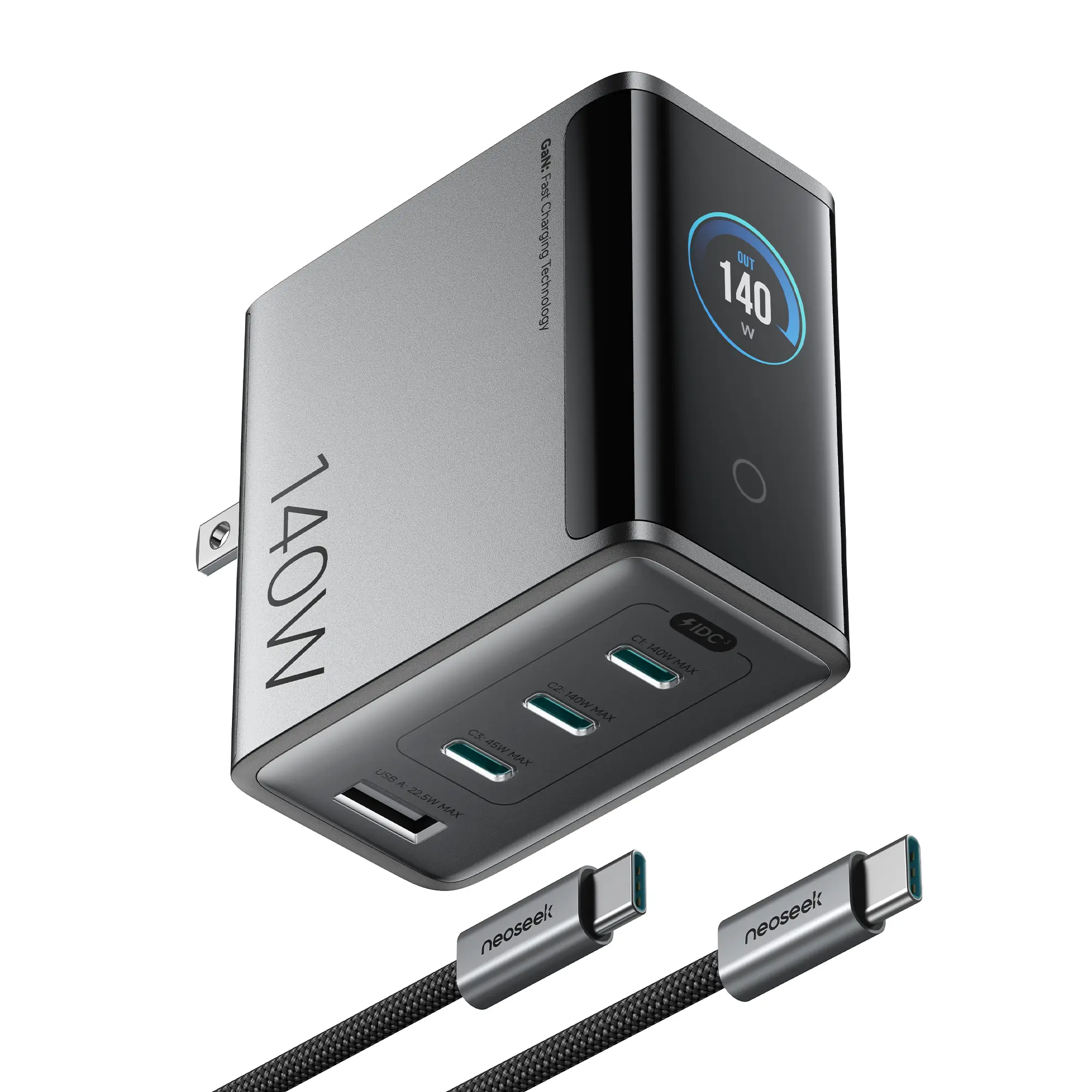【AI Smart Guard】Neosseek 140W 4-Port  PD 3.1 Ultra Compact Laptop Charger Set, GaN Tech Fast Charging  Foldable Plug Wall Charger, Compatible with MacBook Pro 16, iPhone 17/16 Series, Samsung Galaxy S25/S24 Ultra, Pixel