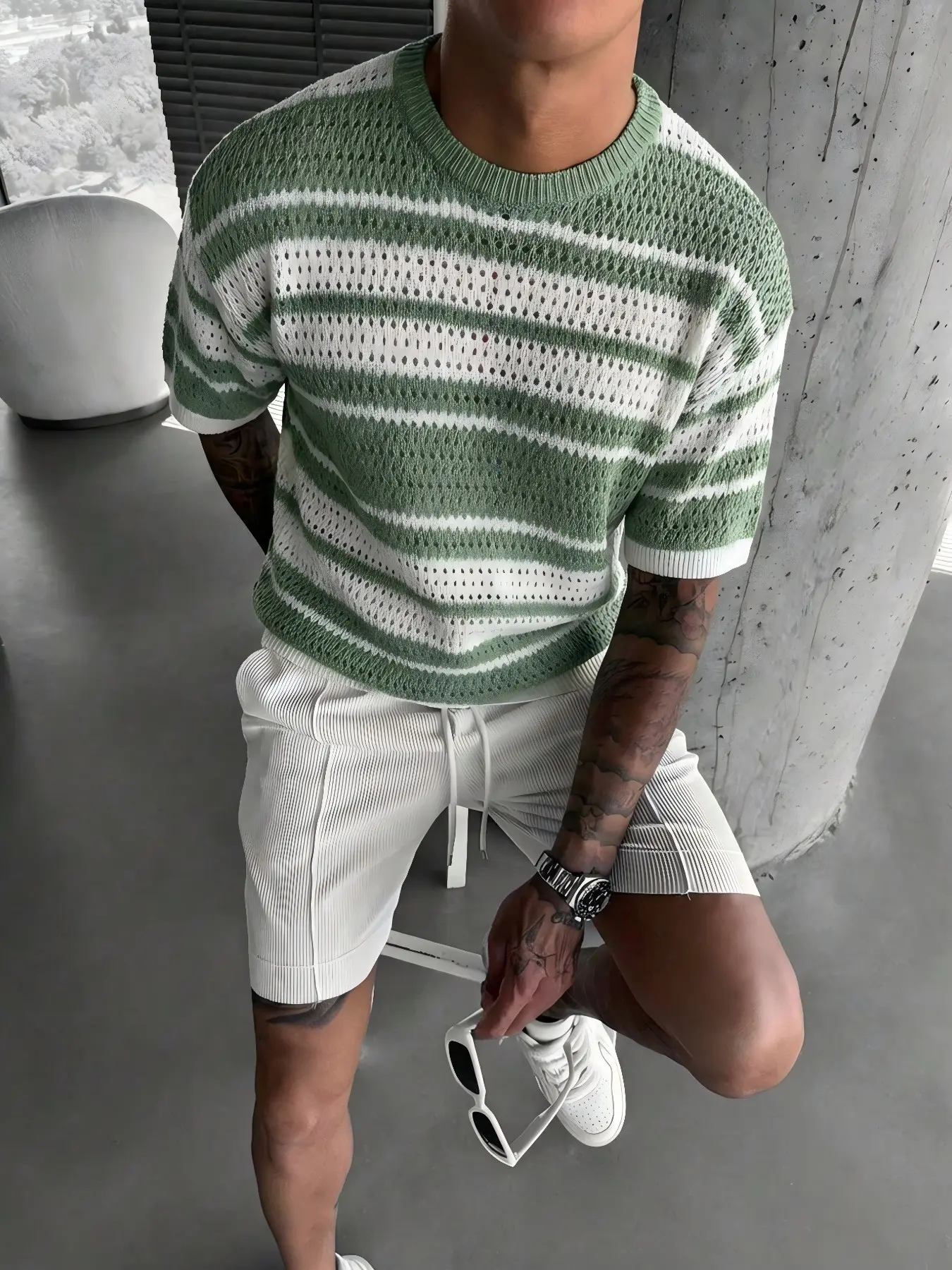 Men's Striped Pattern Sweater Pullover, Casual Breathable Comfortable Short Knit Top for Summer, Fashion Men's Knit Clothing for Daily Wear