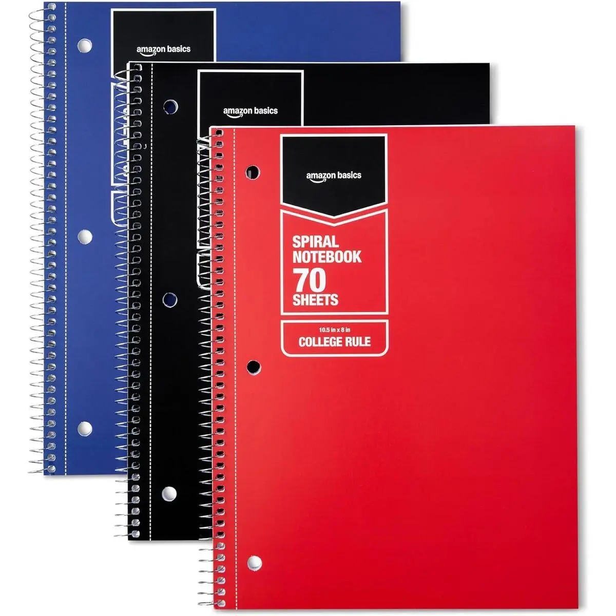 College Ruled Spiral Notebooks, 70 Sheets, 8" x 10.5", Perforated Pages, Assorted Primary Solid Colors, 3-Pack
