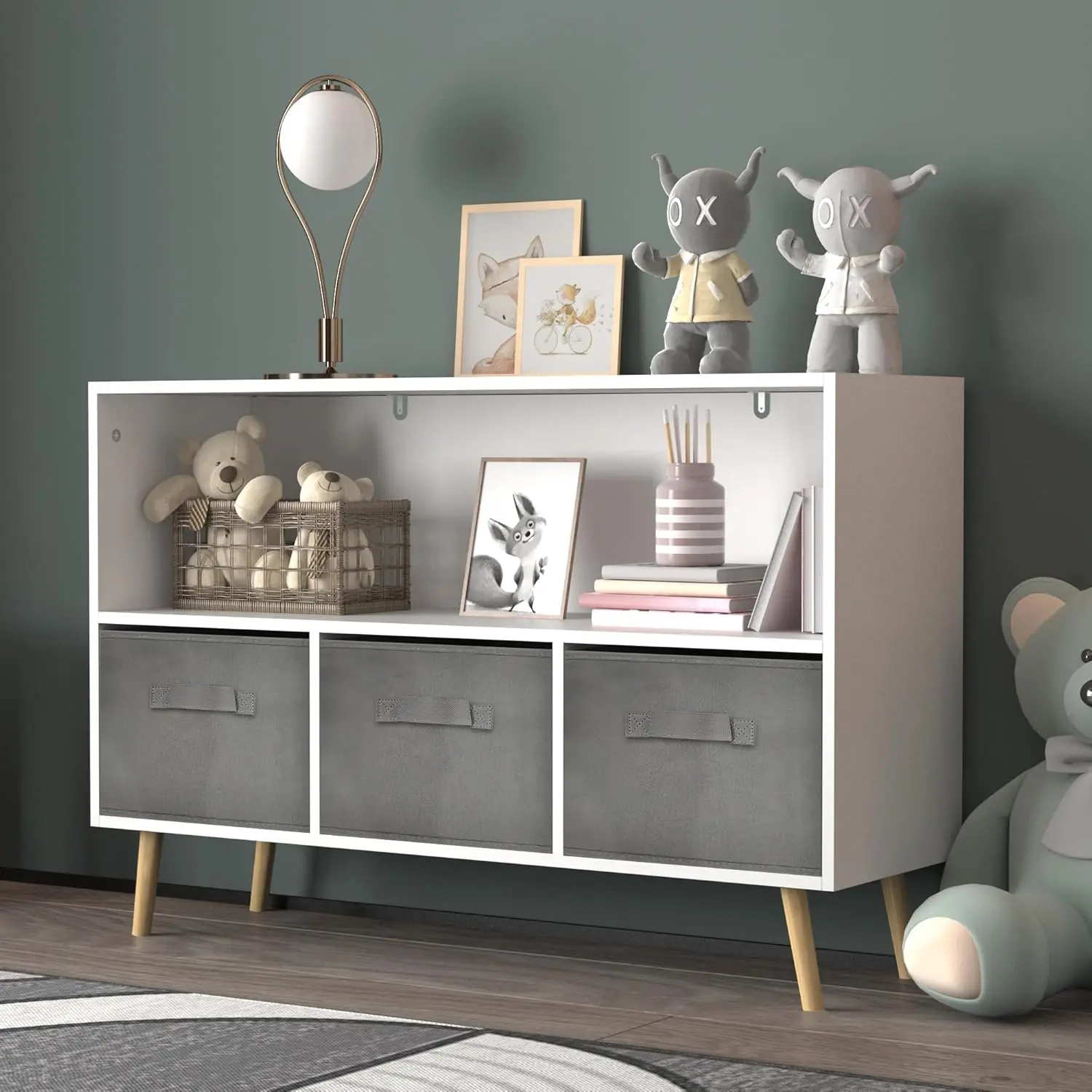 Modern Bookcase with 3 Fabric Drawers & Pine Legs – Multi-Shelf Storage Organizer for Bedroom, Living Room, or Home Office – Book & Display Rack in White+Gray