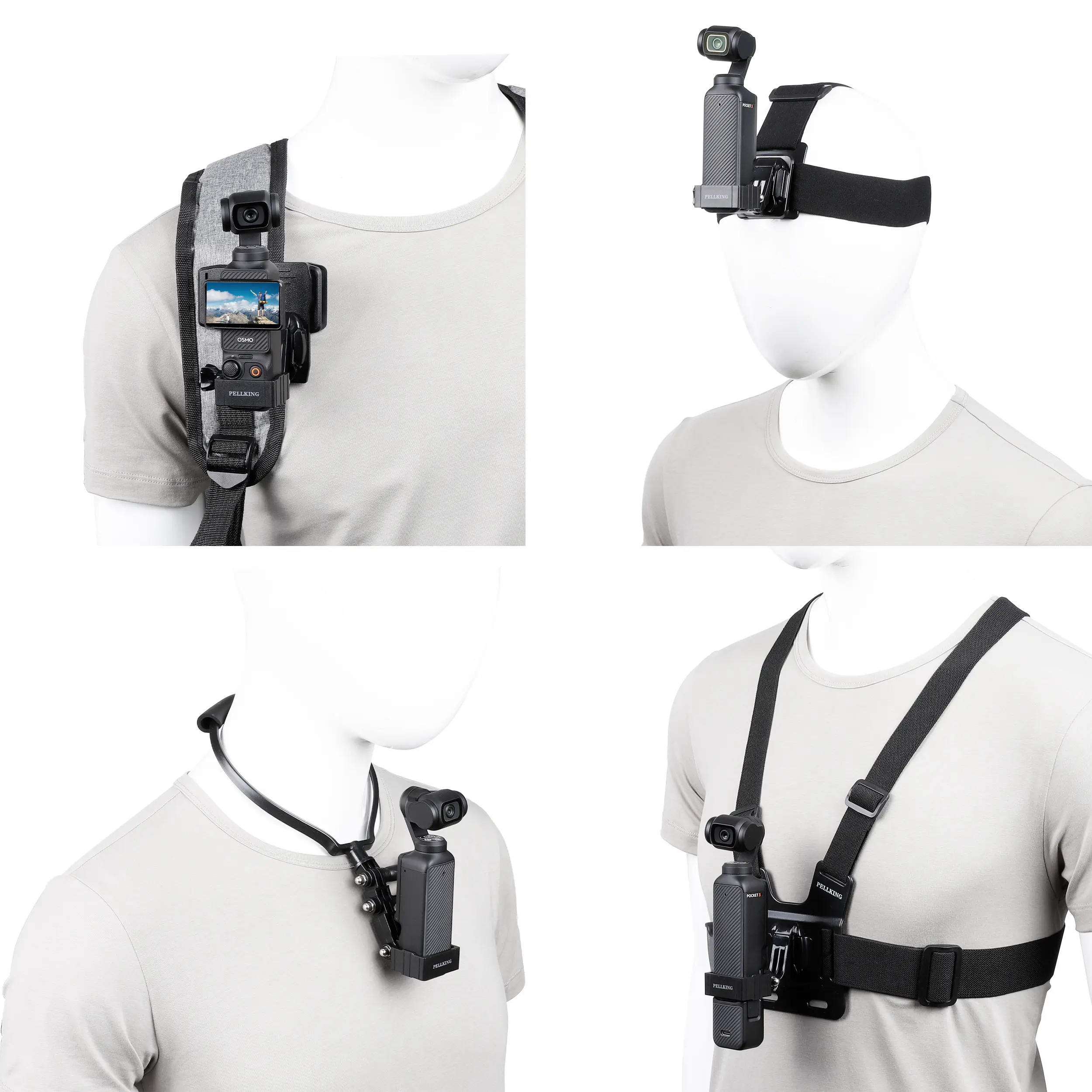PellKing 4-in-1 Adjustable Comfortable-to-Wear Recording Multi-Mounts Kit for DJI Osmo Pocket 3 Camera - Plastic Expansion Adapter, Chest Mount, Neck Holder, Backpack/Head Strap for Fishing, Skiing, Steady Hold Hands-Free Use