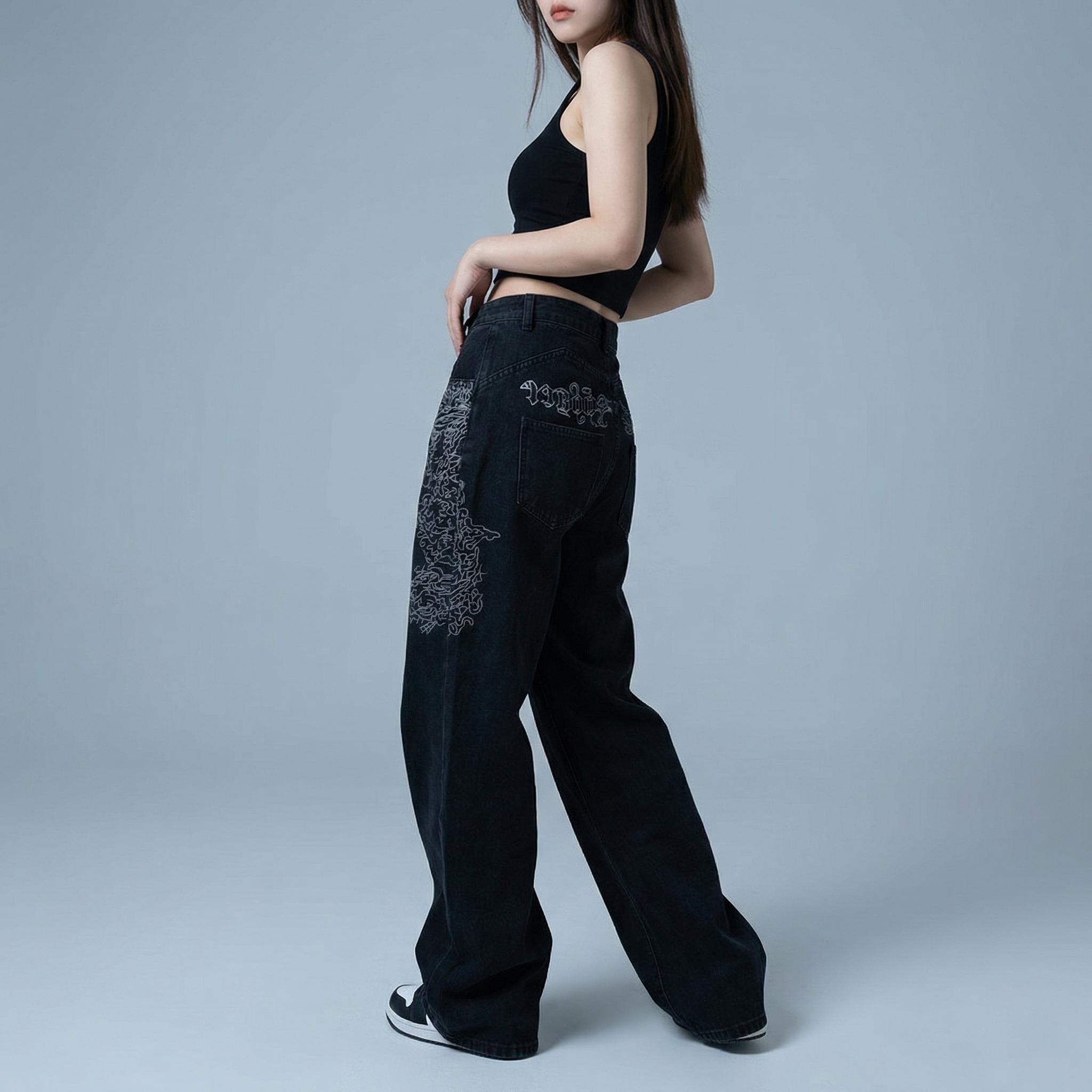 Women's Baggy Wide-Leg Jeans Comfortable Relaxed-Fit Washed Black Denim Pants with Y2K Cybersigilism Gothic and Vintage Grunge Embroidery Streetwear