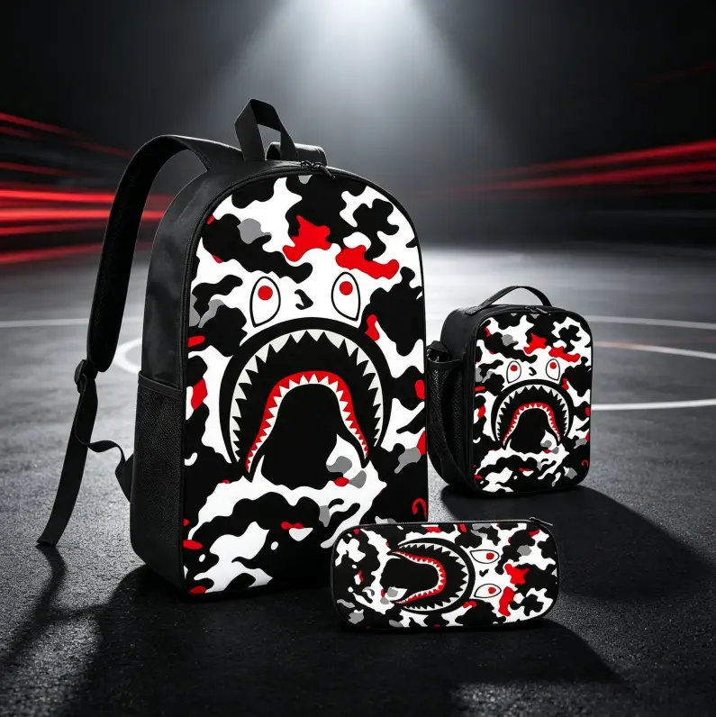 Shark Camo Backpack 3 Piece Set, Streetwear School Bag with Insulated Lunch Box Pencil Case, Aesthetic Bookbag Back to School Supplies Cool Backpacks for Boys Teens Kids, Red Black White