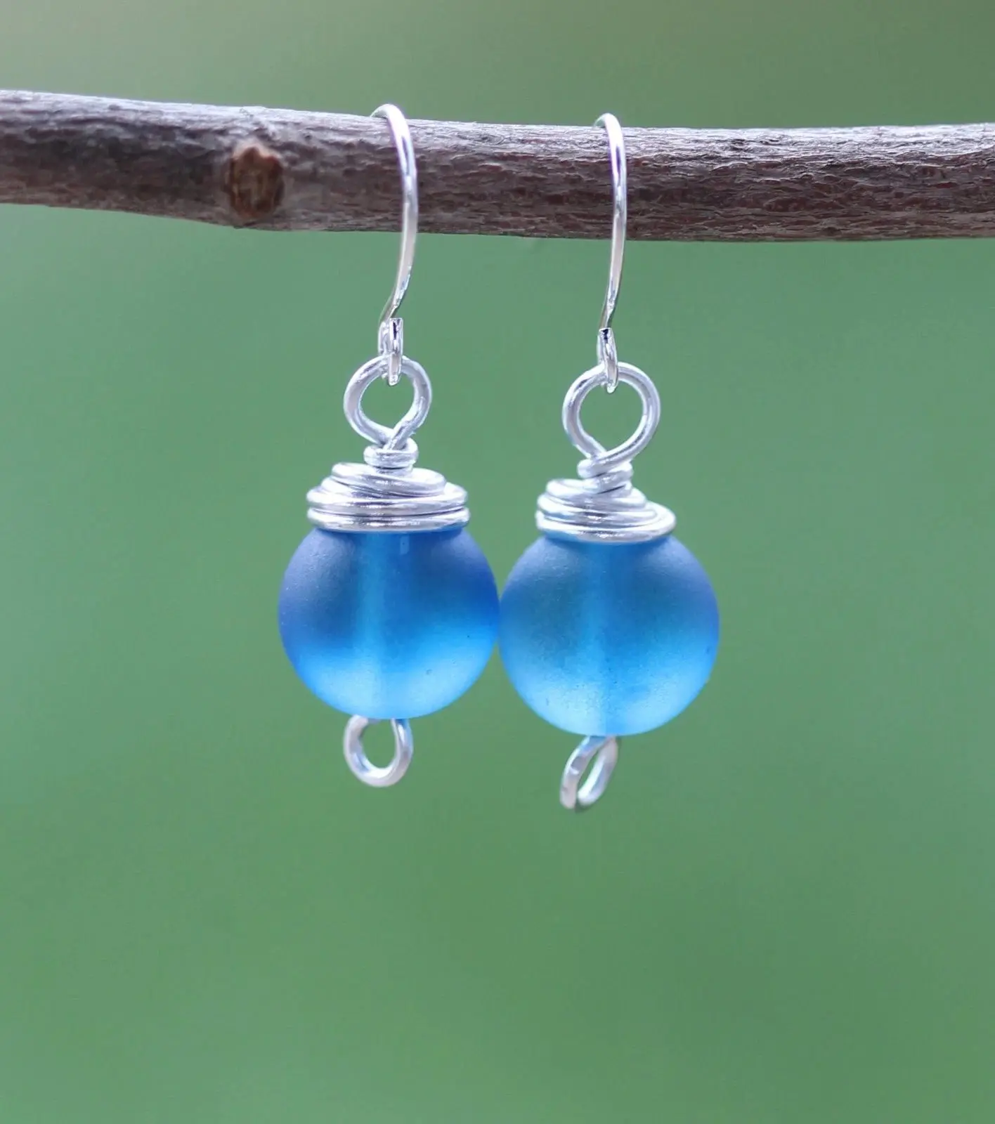 Blue Sea Glass Earrings | Wire Wrapped Frosted 10mm Ocean Sea Cruise Beach