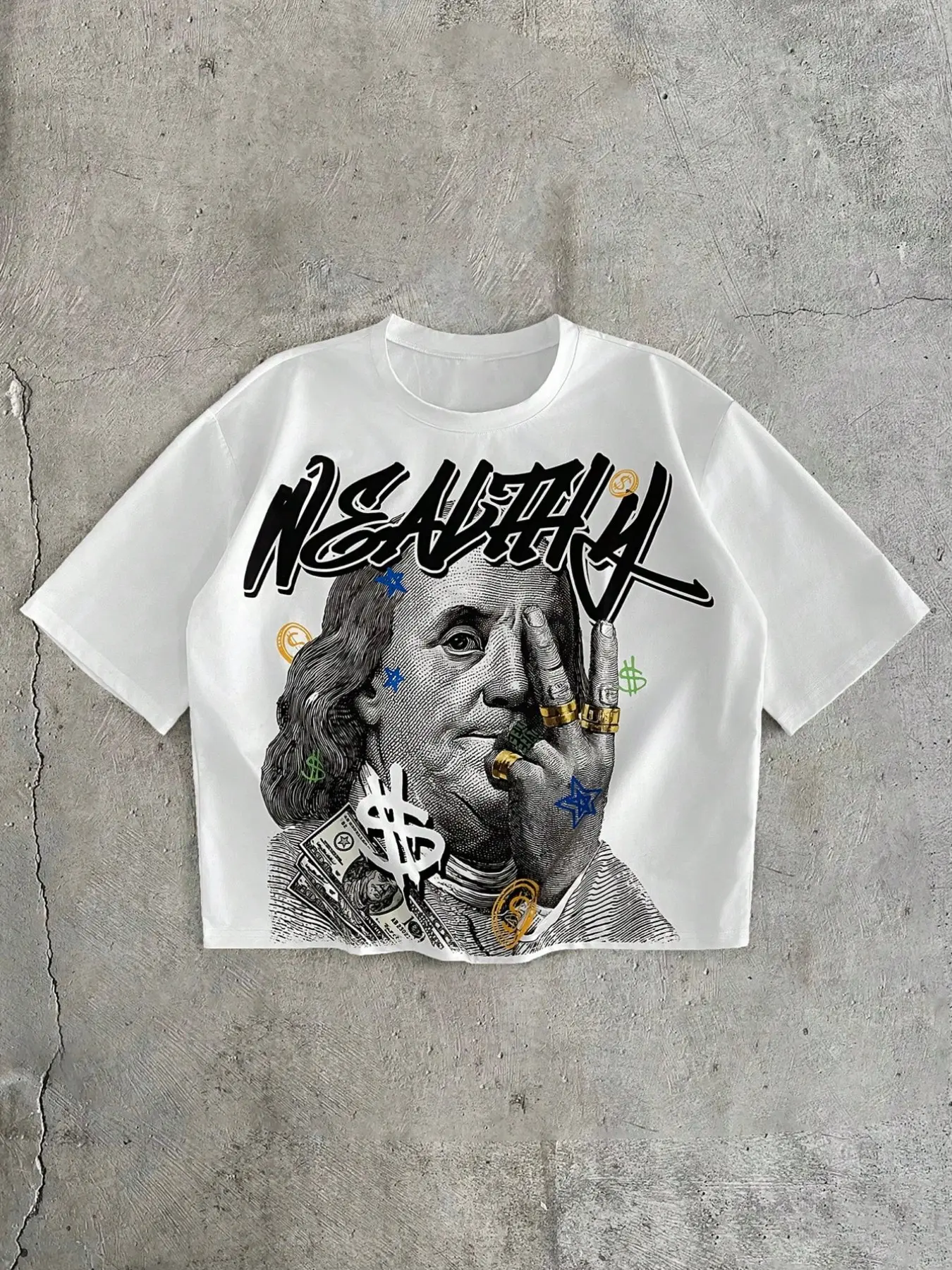 Men's Wealthy Loose Fit Short Sleeve T-Shirt, Benjamin Franklin Money Print, Graffiti Font, Soft Cotton Blend Fabric, Streetwear, Casual Fit Streetwear, Casual Fashion Clothing