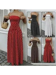 Elegant Polka-dot Off-shoulder Dresses Solid Color Strapless Lady High-waist Robe Commuting Party Business Beach Holiday Outfit