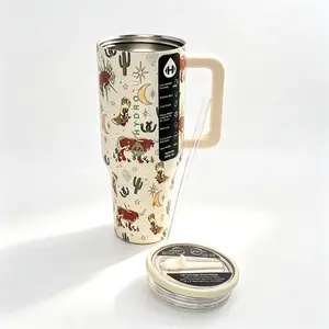 HydroJug 40oz water tumbler Retro Western Cowboy Pattern, Double-Wall Insulated Drinkware, Water Bottle With Straw, All-Day Hydration, Portable Handle Design, Reusable Water Bottle, Perfect For Fitness & Travel cup mug office