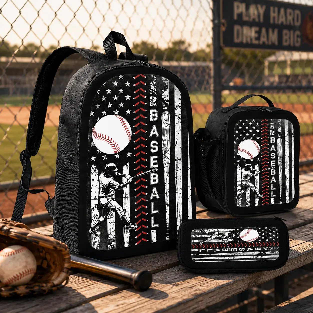 Baseball Backpack Set for Boys Kids School Bag 3 in 1 Vintage American Flag Sports Bookbag with Insulated Lunch Box Pencil Case Vintage Baseball Player Bookbag Set for Middle Elementary Students Back to School Gift