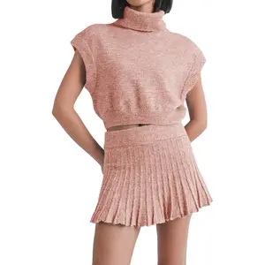 Womens Skirt 2 Piece Sets Sweater Set 2025 Turtleneck Cap Sleeve Crop Top and Pleated Mini Skirt Travel Outfits