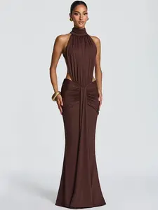 Mozision Turtleneck Backless Sexy Maxi Dress Women Gown Elegant Off-shoulder Sleeveless Ruched Bodycon Club Party Long Dress