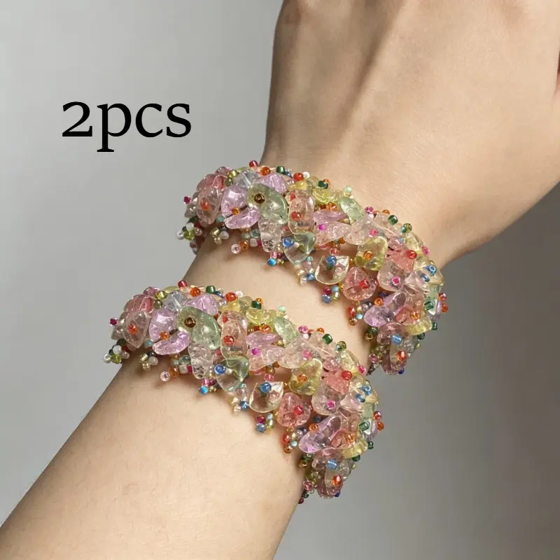 Women's 2-Piece Bohemian Bracelets Set - Rainbow Beaded Bracelet with Colorful Stone Bangles for Vacation, Colorful Stone Mix, Daily Wear, Plastic Beads, Unisex, Matching Bracelet, Two Piece Set