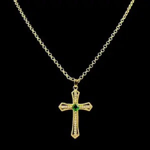 Rhombus Emerald Cross Necklace