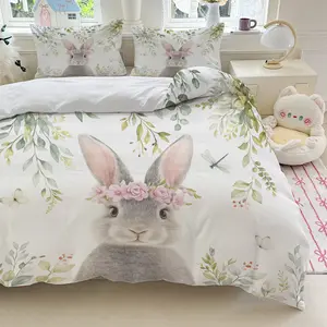 3pcs Rabbit Flowers Leaves Branch Dragonfly Butterfly White Light Green Pink Grey bedding set (1*Duvet Cover + 2*Pillowcase, Without Core)+Soft comfortable and breathable Suitable for bedroom guest room hotel dormitory rooms