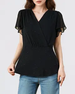 Elegant V-Neck Sparkle Peplum Top | Dressy Casual Blouse for Work & Events LE-SY076