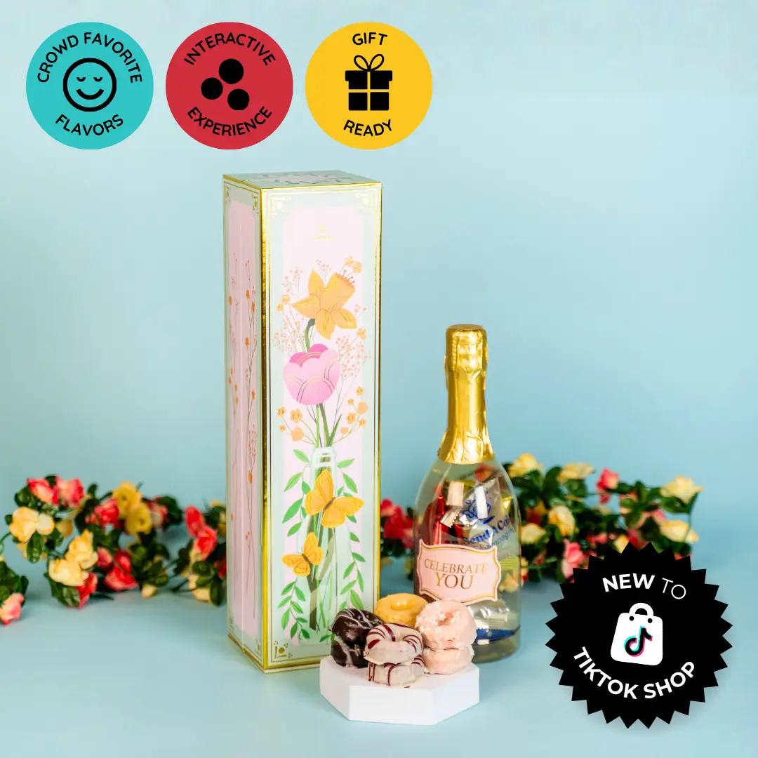 Mother's Day Bubble Box by Send A Cake - The sweetest gift for Mom, Grandma, Friends & loved ones near or far! - A delightful stream of bubbles when opened, with a faux bottle filled with delicious cake donuts!