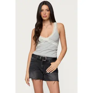Oriana Contrast Lacey V Neck Top
