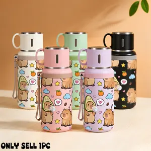 1PC, 20oz Insulated Stainless Steel Water Bottle, Vacuum Flask with Cup Lid That Doubles as Handle Cup, Double Wall Insulated Travel Mug, Cute Capybara Aesthetic Design, Portable for Outdoor Hiking Gym, School Office