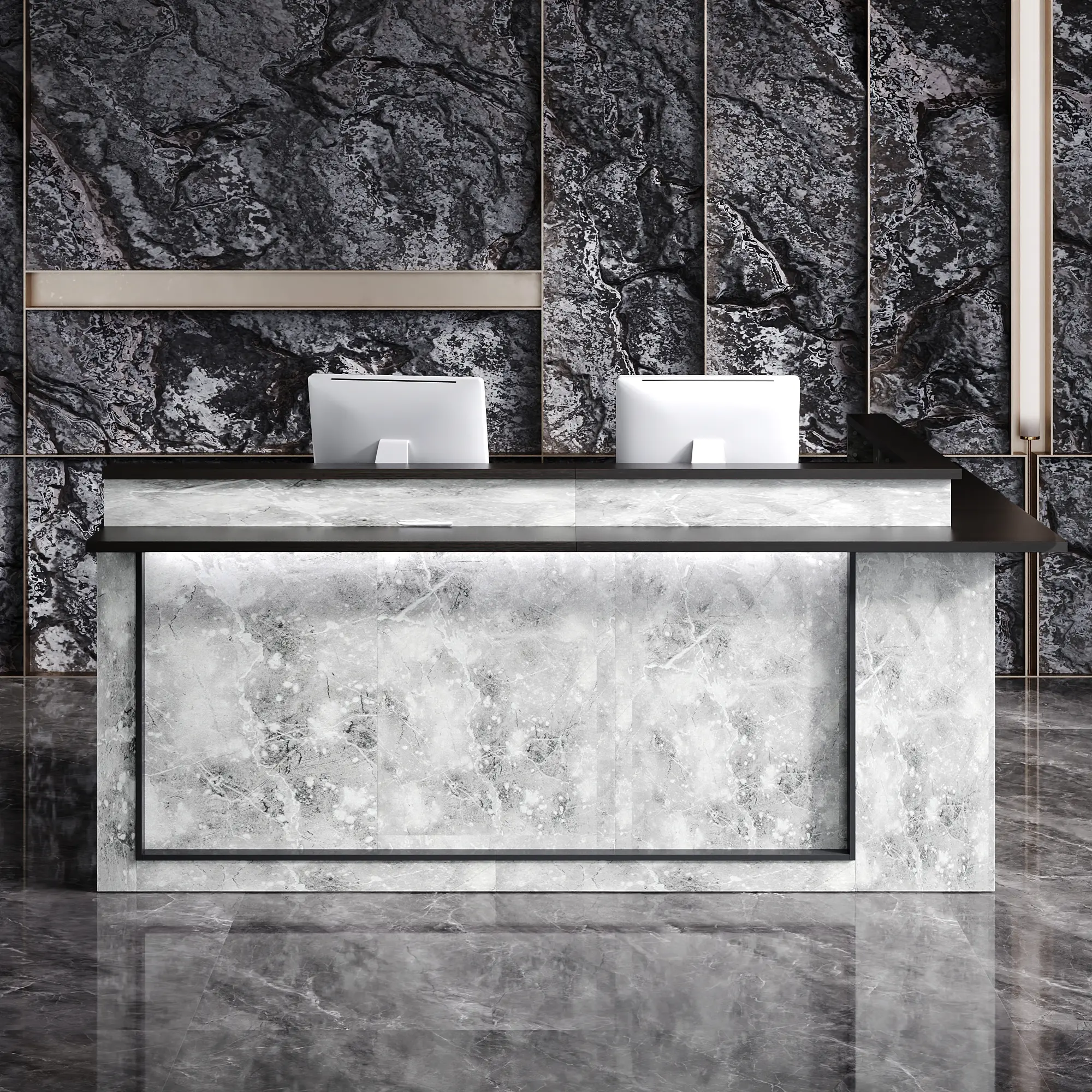 FUFU&GAGA Modern L Shape Reception Counter, 94.5" Commercial Check‑in Bar Desk with Inner Storage Shelves, Drawer and Ambient LED Lighting for Salon, Office, Restaurant